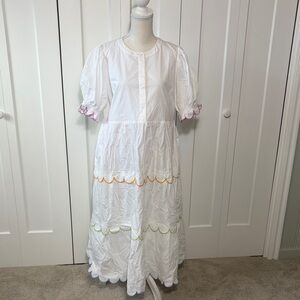English Factory White Scalloped Dress with Multicolor Trim Large